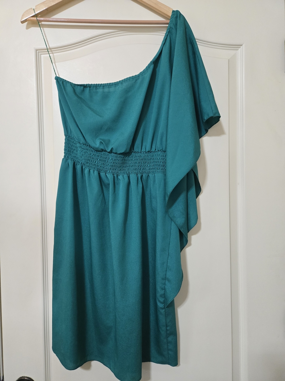 Annalee + Hope Teal One-Shoulder Dress with Smocked Waist